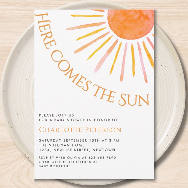 Invitación Aquí viene el sol, baby shower boho (Subido por el creador)
