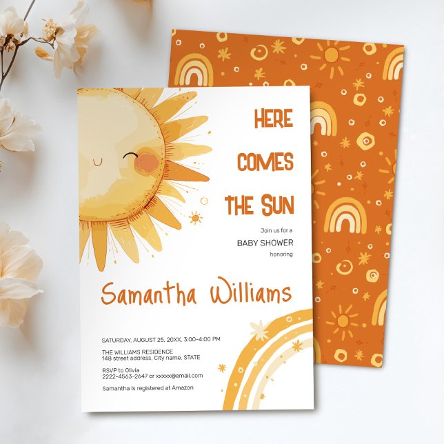 Invitación Aquí viene el sol | Boho Rainbow Baby Shower (Here comes the Sun watercolor cute baby shower invitation )