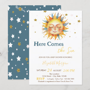 Invitación Aquí viene el sol dorado brillo estrellas Baby Sho