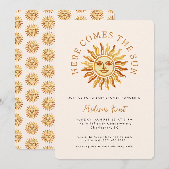 Invitación Aquí viene el sol Modern Boho Baby Shower del Sol (Anverso / Reverso)