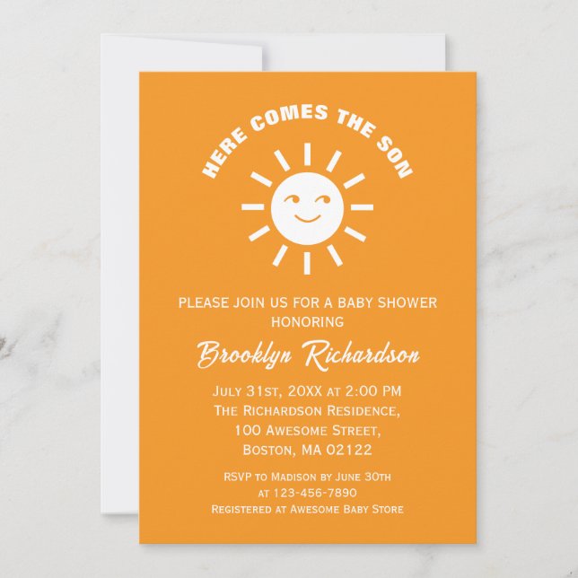 Invitación Aquí viene el sol naranja blanco Baby Shower (Anverso)