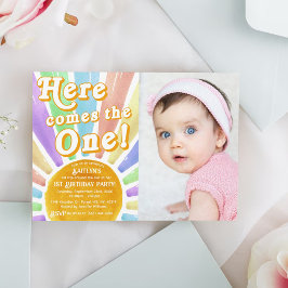 Invitación ¡Aquí Viene El Uno! Retro Sun 1er cumpleaños foto