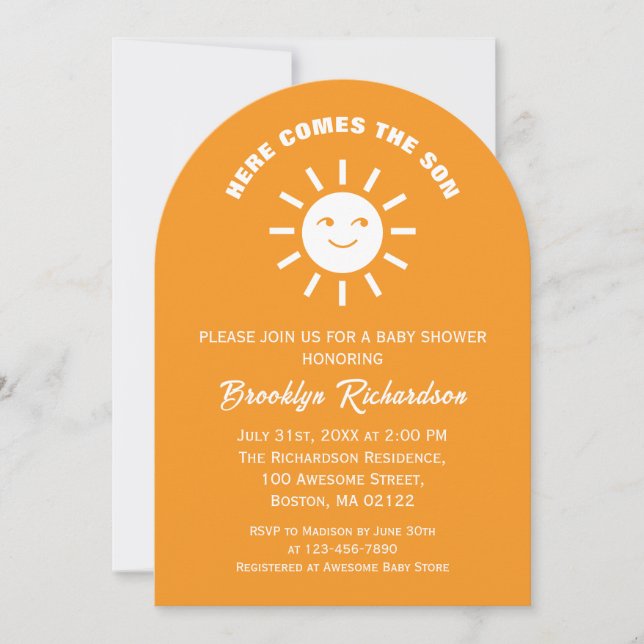 Invitación Aquí Viene La Baby Shower Blanca Naranja De Son Su (Anverso)