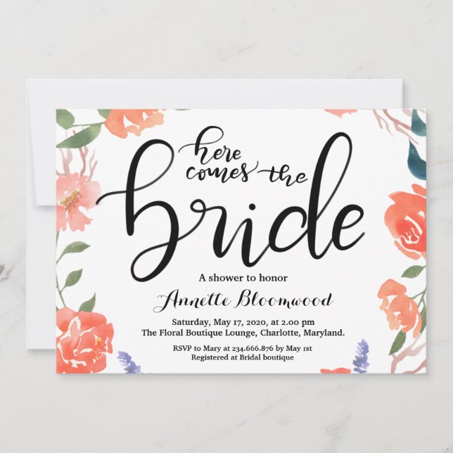 Invitación Aquí Viene La Ducha De Novias Florales De Novias (Anverso)