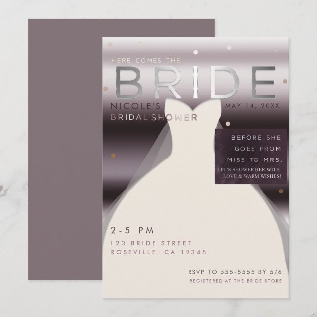 Invitación Aquí viene la ducha marple morada de la BRIDE Silv (Anverso / Reverso)