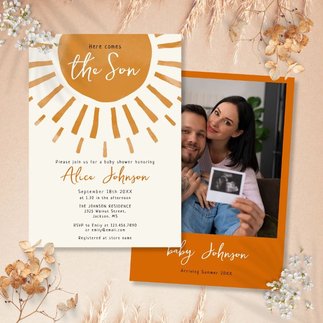 Invitación Aquí Viene La Foto De Son Boho Boy Baby Shower (Here Comes The Son Boho Boy Photo Baby Shower Invitation)