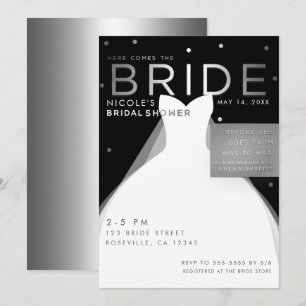 Invitación Aquí viene la NOVIA Black Silver White Despedida d