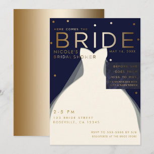 Invitación Aquí viene la NOVIA Ducha de Novia Azul Marino y D