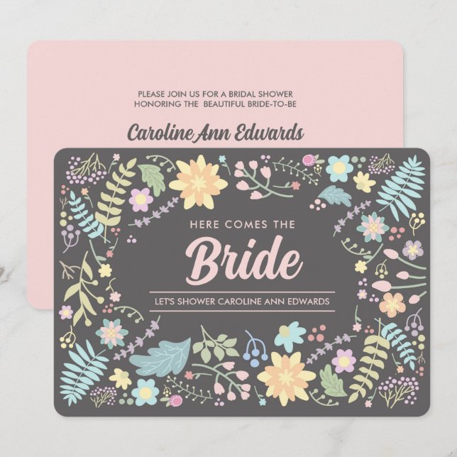 Invitación Aquí viene la novia. Ducha nupcial floral moderna (Anverso / Reverso)