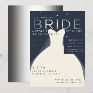 Invitación Aquí viene la NOVIA Silver & Blue Chic Despedida d