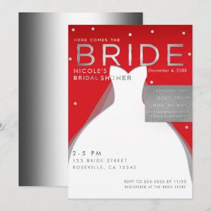 Invitación Aquí viene la NOVIA Silver & Red Chic Despedida de