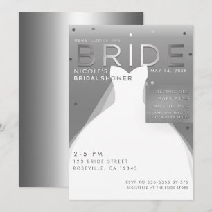 Invitación Aquí viene la NOVIA Silver & White Chic Despedida 
