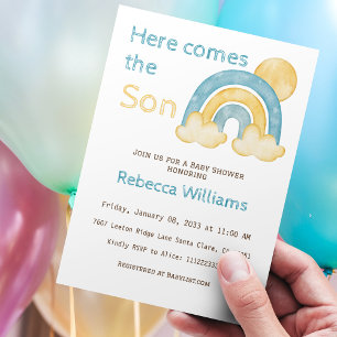 Invitación Aquí viene Son Sunshine Blue Rainbow Baby Shower