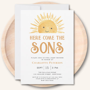 Invitación Aquí vienen los hijos Gemelos Baby Shower de Sunsh