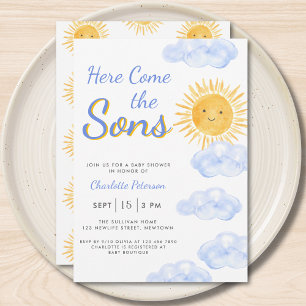 Invitación Aquí Vienen Los Hijos Gemelos Niños Shower De Bebé