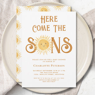 Invitación Aquí Vienen Los Hijos Gemelos Niños Shower De Bebé