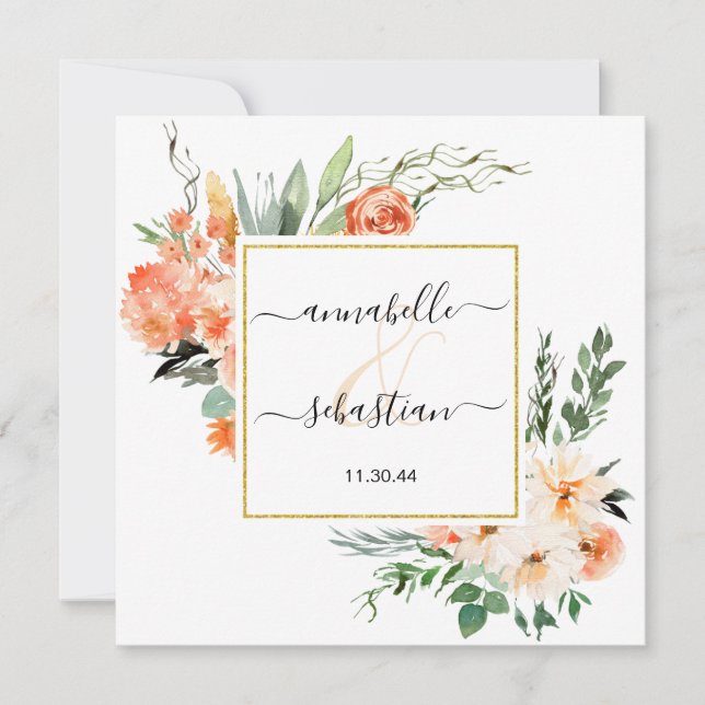 Invitación *~* AR21 QR BODA de Flores Purpurinas de oro RSVP (Anverso)