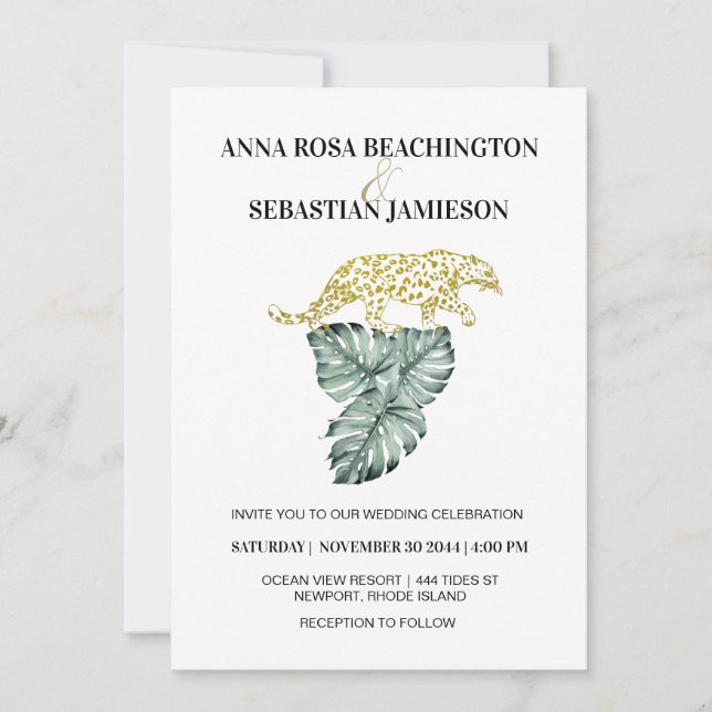 Invitación *~* AR21 QR BODA de Leopardo Tropical Jungle RSVP  (Anverso)
