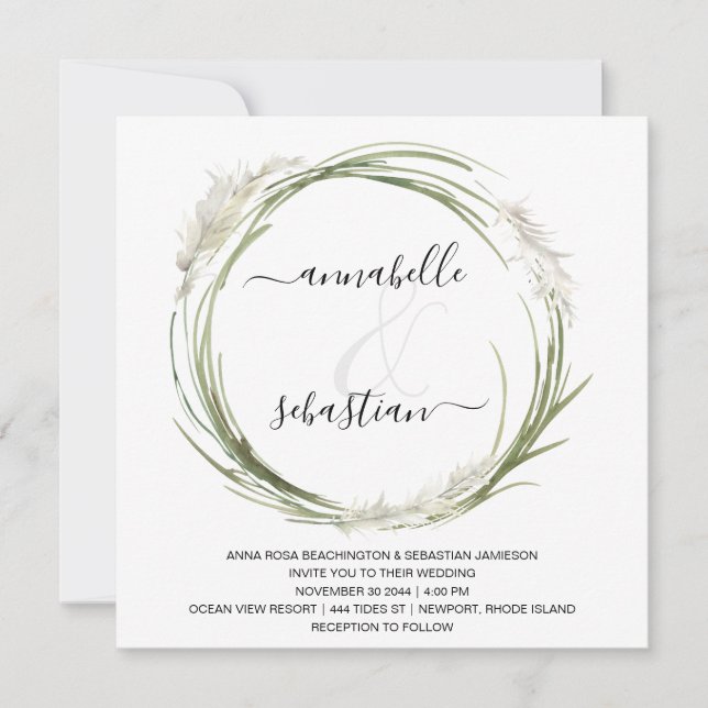 Invitación *~* AR21 QR RSVP Pampas Grass wreath BODA (Anverso)