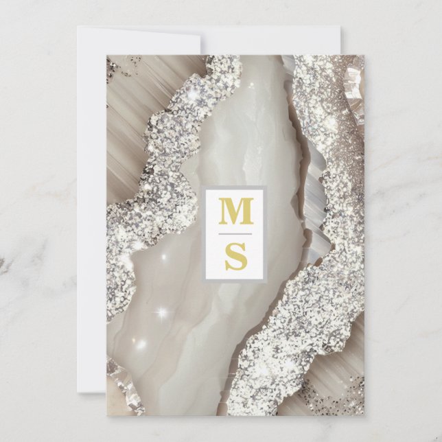 Invitación *~ AR66 RSVP Boda de Iniciales QR Plata de IVORY (Anverso)