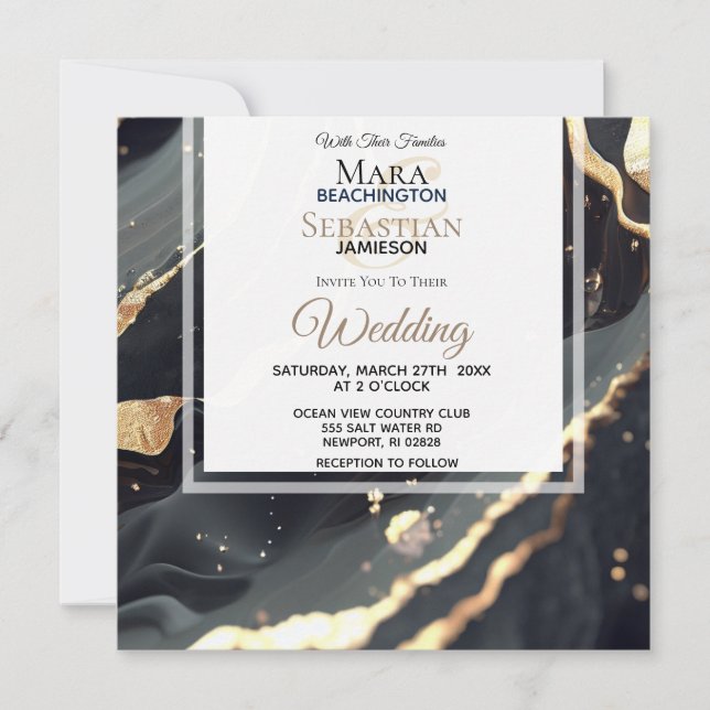 Invitación *~* AR66 RSVP Boda QR de Agate de Oro Negro (Anverso)
