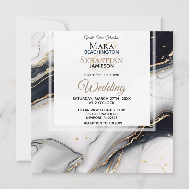 Invitación *~* AR66 White Black Gold Agate RSVP QR Boda (Anverso)