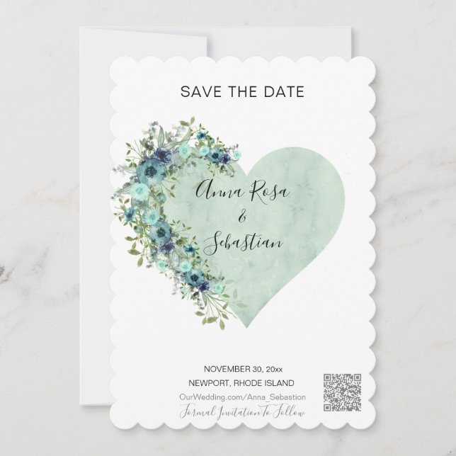 Invitación *~* AR6 Corazón Floral Aqua QR BODA GUARDAR LA FEC (Anverso)