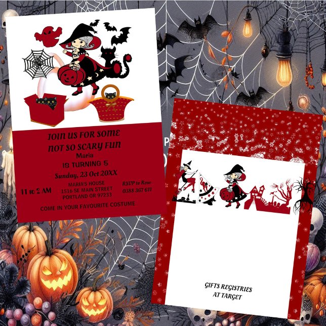 Invitación Araña de bruja de Halloween calabazas web cumpleañ (Witch Halloween Spider Web Pumpkins Kid's Birthday Invitation)