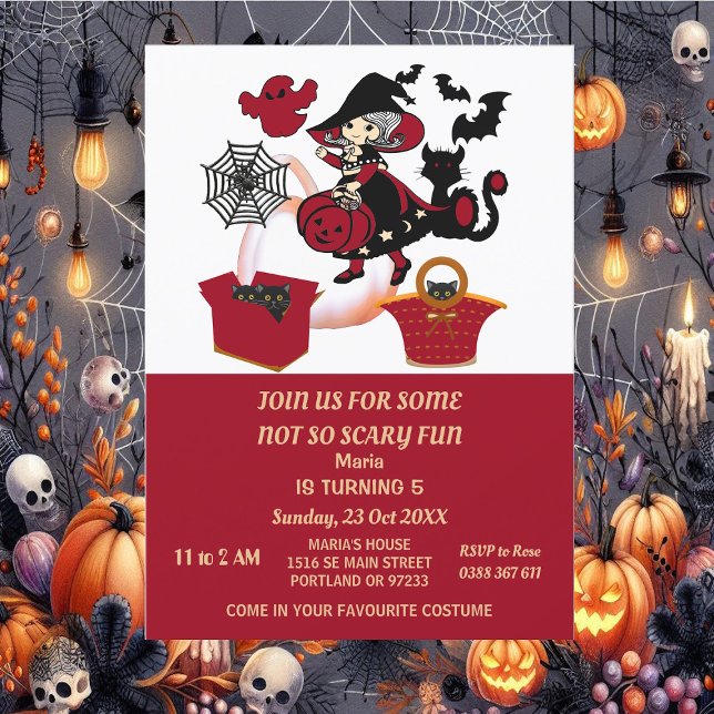 Invitación Araña de bruja de Halloween calabazas web cumpleañ (Witch Halloween Spider Web Pumpkins Kid's Birthday Invitation)