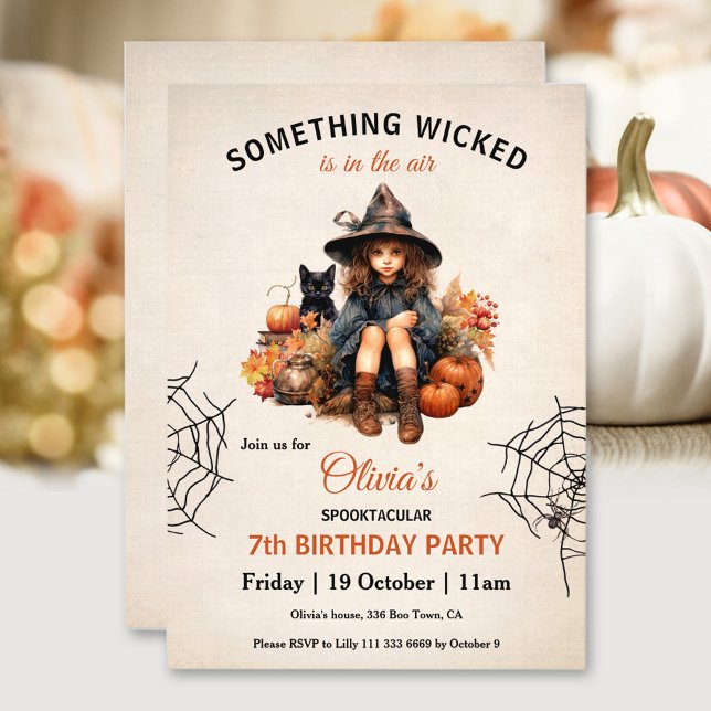 Invitación Araña de bruja linda Cumpleaños de los Chicas de H (Cute Witch Spider Halloween Girls' Birthday Invitation)