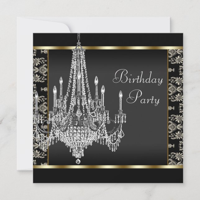 Invitación Araña de Cristal Cumpleaños con Damasco Negro (Anverso)
