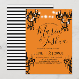 Invitación Araña de Halloween de Boda Naranja Luz Negra
