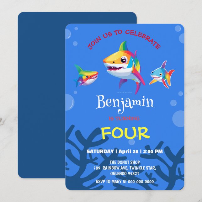 Invitación Araña de tiburón blanco colorida fiesta de cumplea (Anverso / Reverso)
