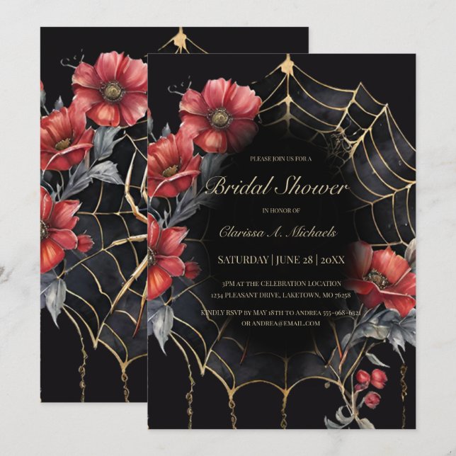 Invitación Araña floral gótica roja y dorada, ducha de novias (Anverso / Reverso)
