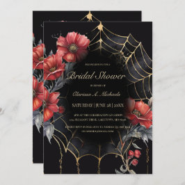 Invitación Araña floral gótica roja y dorada, ducha de novias