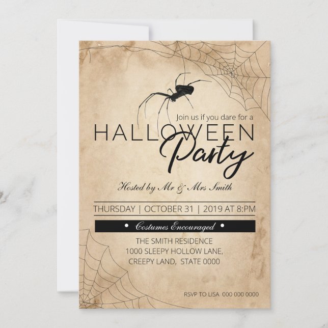 Invitación Araña negra de Halloween (Anverso)