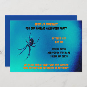 Invitación Araña negra de Halloween azul y negra