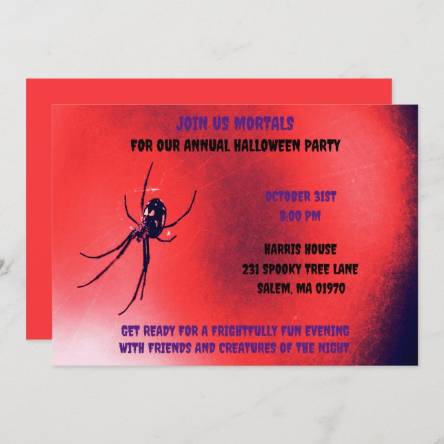 Invitación Araña negra de Halloween roja y negra (Anverso / Reverso)