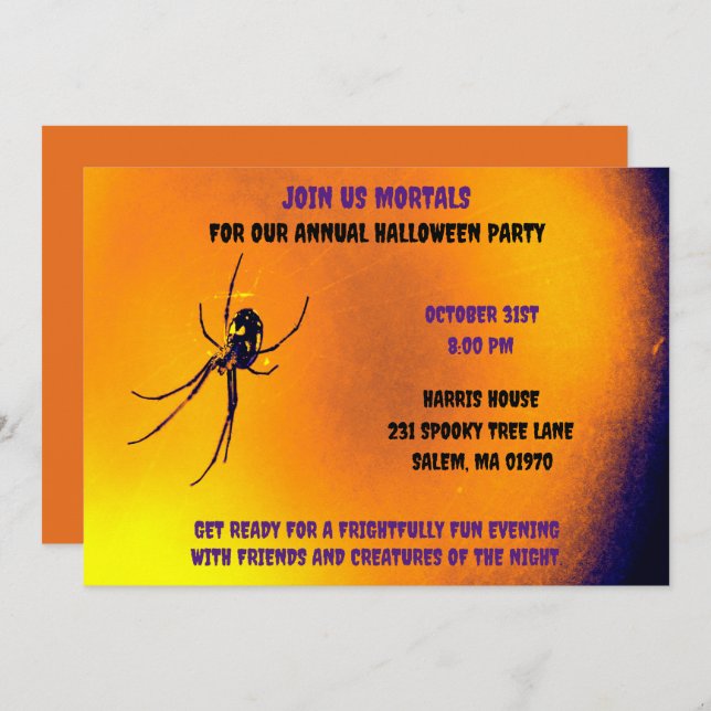 Invitación Araña negra de miedo de Halloween naranja y negra (Anverso / Reverso)
