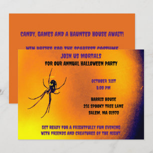 Invitación Araña negra de miedo de Halloween naranja y negra