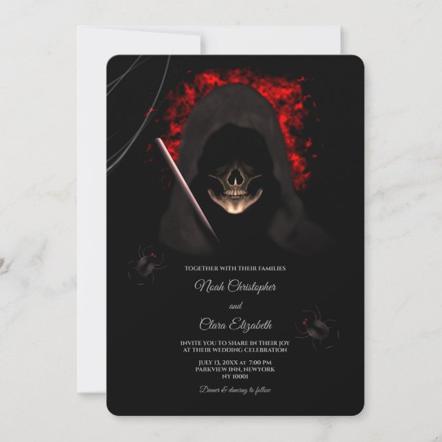 Invitación Araña negra morena gótica cráneo halloween (Anverso)