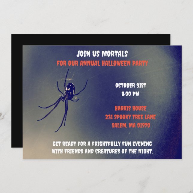 Invitación Araña negra negra y blanca de Halloween (Anverso / Reverso)