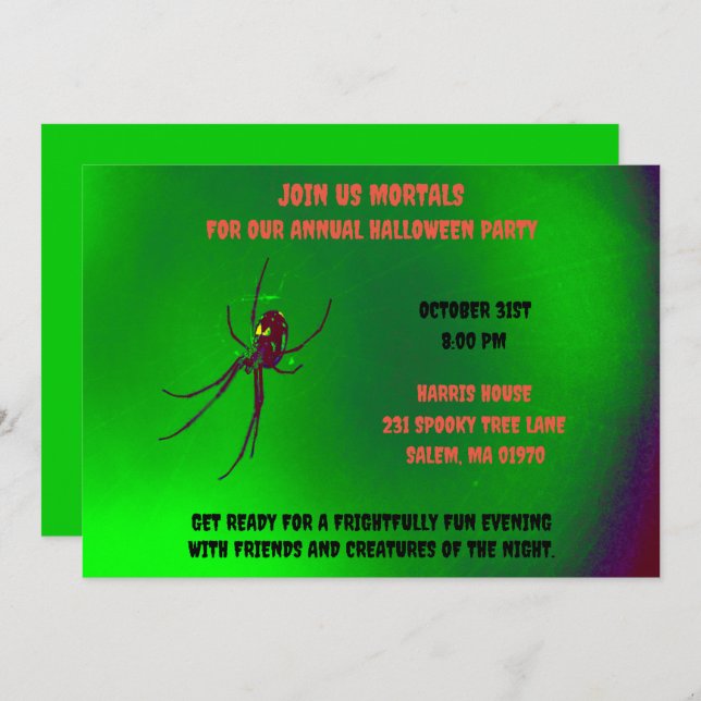 Invitación Araña negra negra y verde de Halloween (Anverso / Reverso)