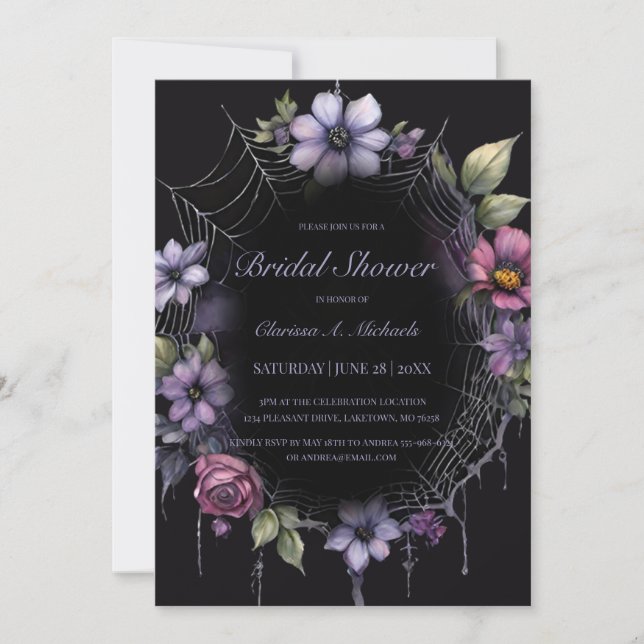 Invitación Araña púrpura gótica floral web ducha de novias (Anverso)