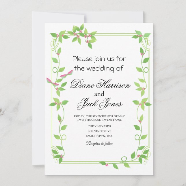 Invitación Arañas rosas sobre marfil verde (Anverso)