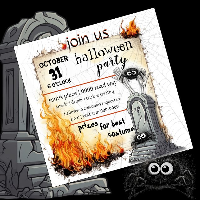 Invitación Arañas | Tombstone | Fiesta de Halloween (Cute spider and tombstone Halloween party invitations you customize. )