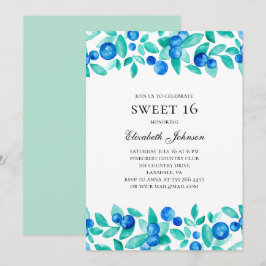 Invitación Arándanos dulces 16. Moneda y azul 16 años