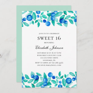 Invitación Arándanos dulces 16. Moneda y azul 16 años