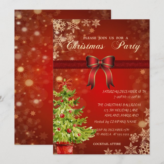 Invitación Árbol acuarela, Fiesta de Navidades corporativos d (Anverso / Reverso)
