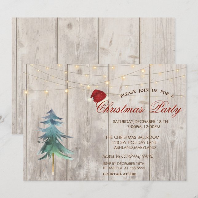 Invitación Árbol acuarela, Fiesta de Navidades de madera clar (Anverso / Reverso)